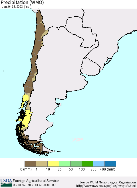 Chile Precipitation (WMO) Thematic Map For 1/9/2023 - 1/15/2023