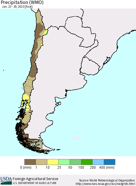 Chile Precipitation (WMO) Thematic Map For 1/23/2023 - 1/29/2023