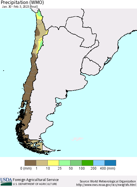 Chile Precipitation (WMO) Thematic Map For 1/30/2023 - 2/5/2023