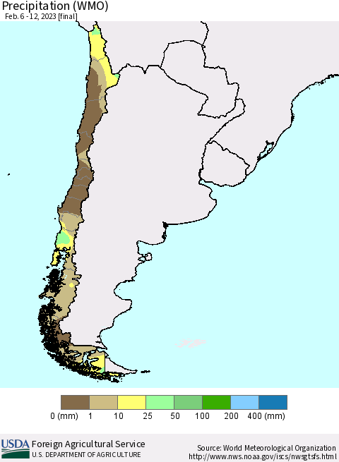Chile Precipitation (WMO) Thematic Map For 2/6/2023 - 2/12/2023