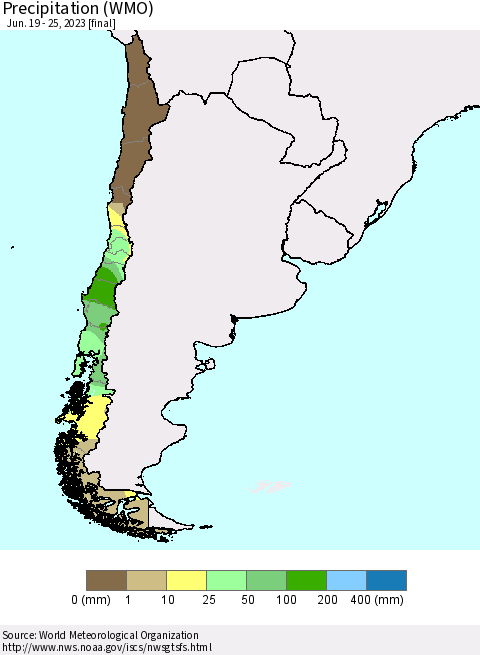 Chile Precipitation (WMO) Thematic Map For 6/19/2023 - 6/25/2023