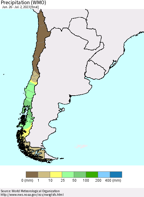 Chile Precipitation (WMO) Thematic Map For 6/26/2023 - 7/2/2023