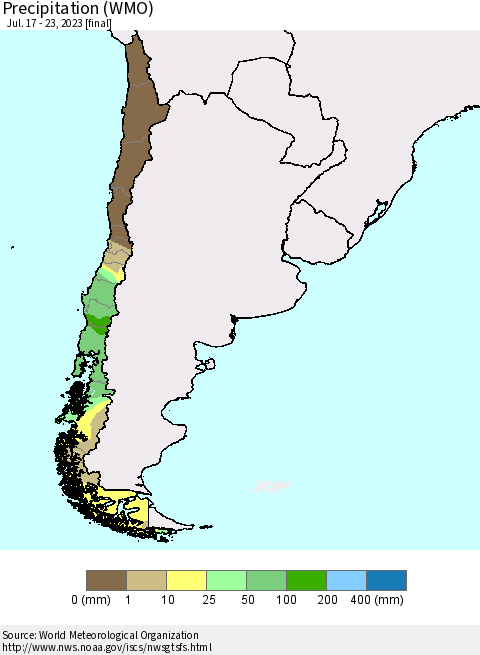 Chile Precipitation (WMO) Thematic Map For 7/17/2023 - 7/23/2023
