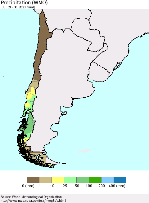 Chile Precipitation (WMO) Thematic Map For 7/24/2023 - 7/30/2023