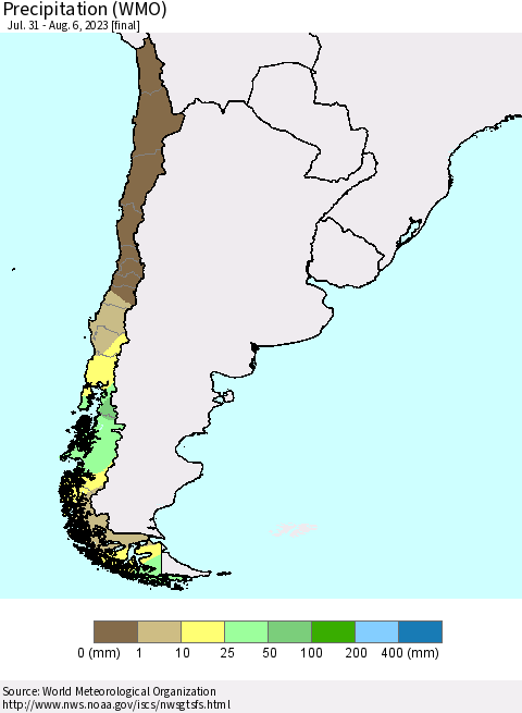 Chile Precipitation (WMO) Thematic Map For 7/31/2023 - 8/6/2023