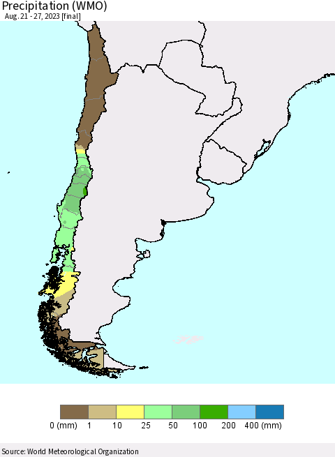 Chile Precipitation (WMO) Thematic Map For 8/21/2023 - 8/27/2023