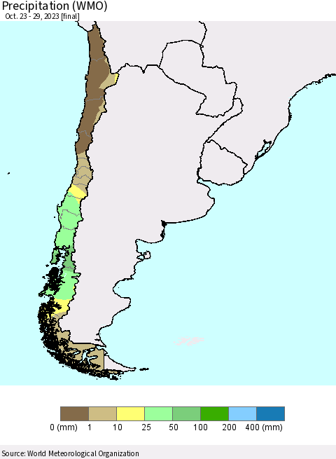Chile Precipitation (WMO) Thematic Map For 10/23/2023 - 10/29/2023