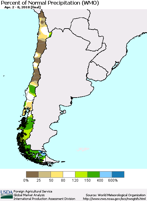 Chile Percent of Normal Precipitation (WMO) Thematic Map For 4/2/2018 - 4/8/2018