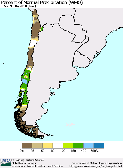 Chile Percent of Normal Precipitation (WMO) Thematic Map For 4/9/2018 - 4/15/2018
