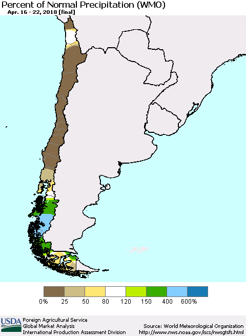 Chile Percent of Normal Precipitation (WMO) Thematic Map For 4/16/2018 - 4/22/2018