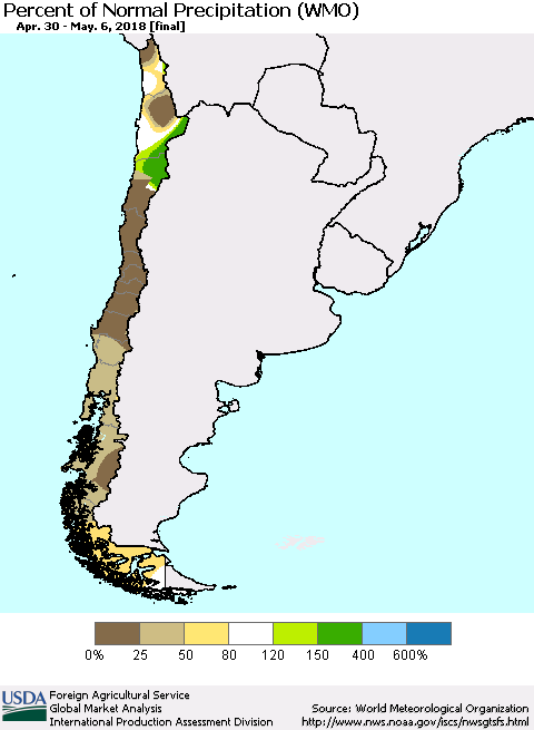 Chile Percent of Normal Precipitation (WMO) Thematic Map For 4/30/2018 - 5/6/2018