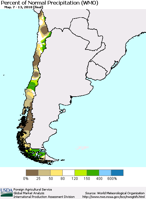 Chile Percent of Normal Precipitation (WMO) Thematic Map For 5/7/2018 - 5/13/2018