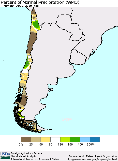 Chile Percent of Normal Precipitation (WMO) Thematic Map For 5/28/2018 - 6/3/2018