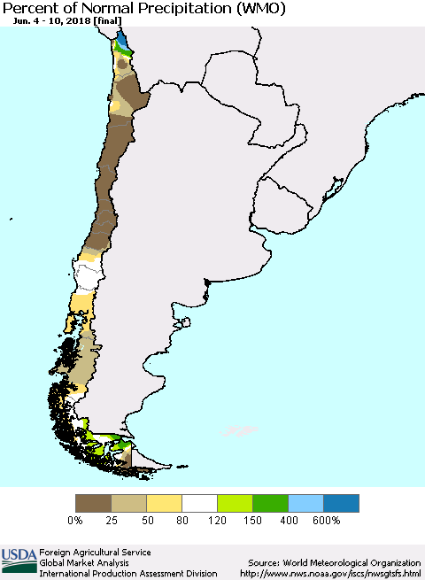 Chile Percent of Normal Precipitation (WMO) Thematic Map For 6/4/2018 - 6/10/2018