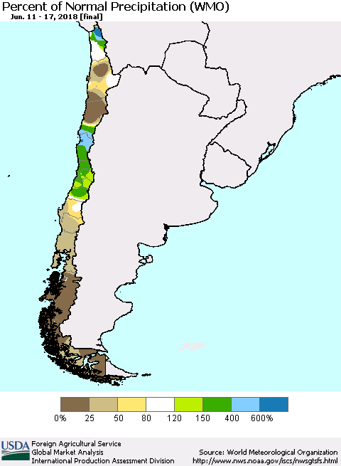 Chile Percent of Normal Precipitation (WMO) Thematic Map For 6/11/2018 - 6/17/2018