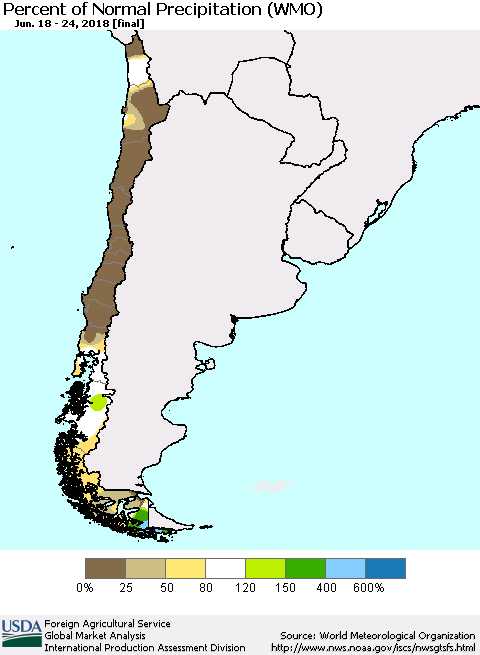 Chile Percent of Normal Precipitation (WMO) Thematic Map For 6/18/2018 - 6/24/2018