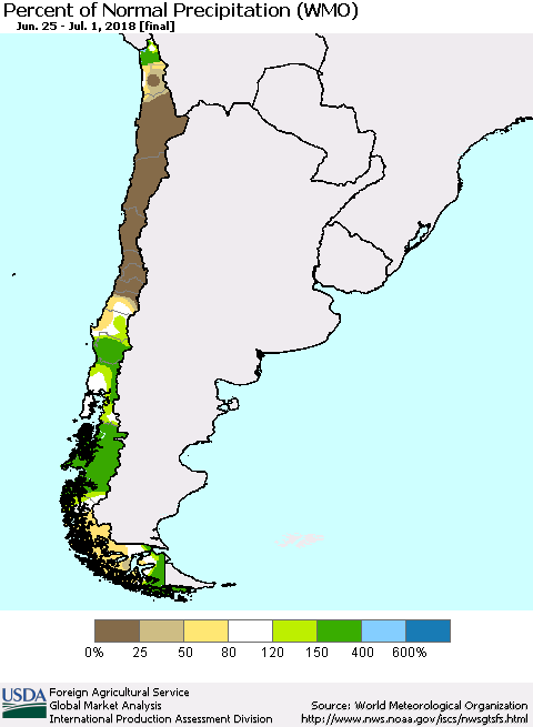 Chile Percent of Normal Precipitation (WMO) Thematic Map For 6/25/2018 - 7/1/2018