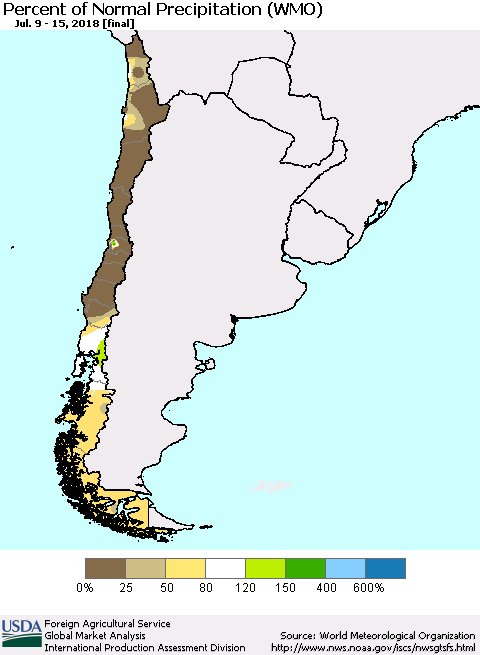 Chile Percent of Normal Precipitation (WMO) Thematic Map For 7/9/2018 - 7/15/2018