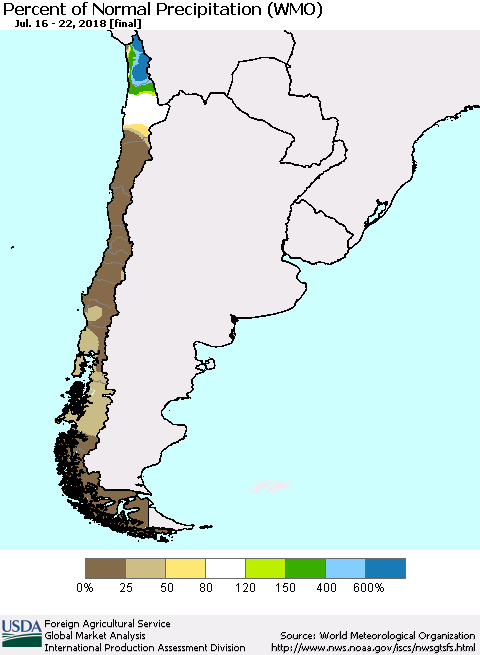 Chile Percent of Normal Precipitation (WMO) Thematic Map For 7/16/2018 - 7/22/2018