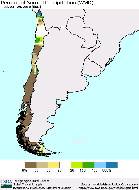 Chile Percent of Normal Precipitation (WMO) Thematic Map For 7/23/2018 - 7/29/2018