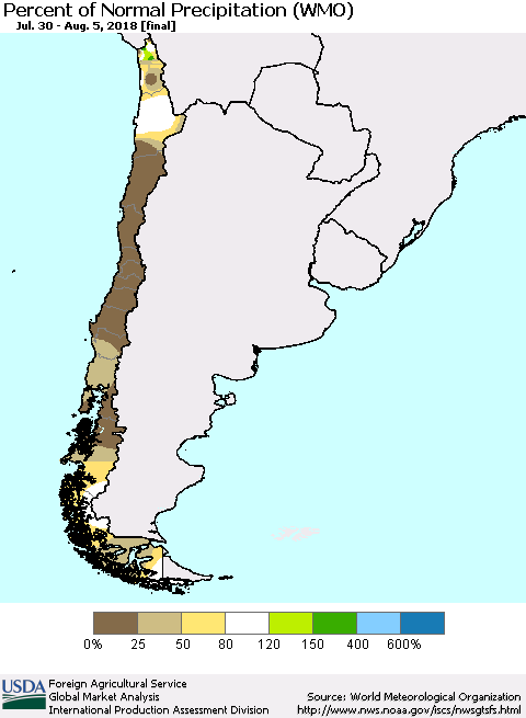 Chile Percent of Normal Precipitation (WMO) Thematic Map For 7/30/2018 - 8/5/2018