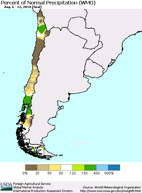 Chile Percent of Normal Precipitation (WMO) Thematic Map For 8/6/2018 - 8/12/2018
