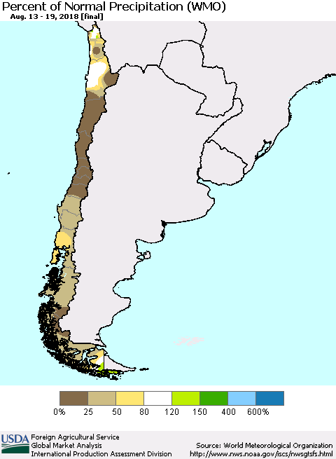 Chile Percent of Normal Precipitation (WMO) Thematic Map For 8/13/2018 - 8/19/2018