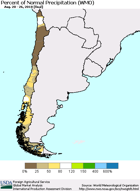 Chile Percent of Normal Precipitation (WMO) Thematic Map For 8/20/2018 - 8/26/2018