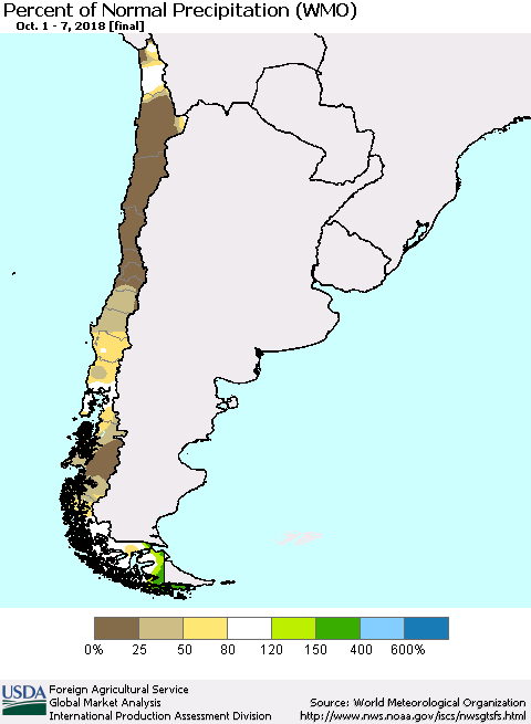 Chile Percent of Normal Precipitation (WMO) Thematic Map For 10/1/2018 - 10/7/2018