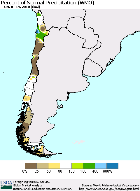 Chile Percent of Normal Precipitation (WMO) Thematic Map For 10/8/2018 - 10/14/2018