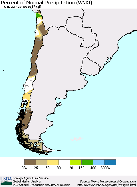 Chile Percent of Normal Precipitation (WMO) Thematic Map For 10/22/2018 - 10/28/2018