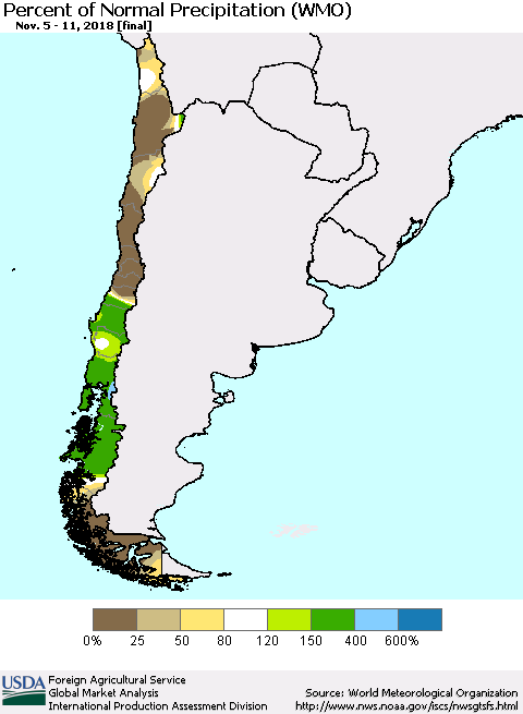 Chile Percent of Normal Precipitation (WMO) Thematic Map For 11/5/2018 - 11/11/2018