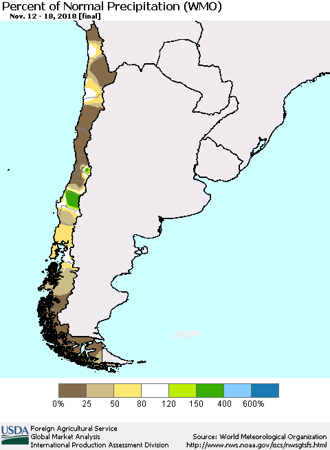 Chile Percent of Normal Precipitation (WMO) Thematic Map For 11/12/2018 - 11/18/2018