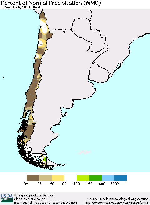 Chile Percent of Normal Precipitation (WMO) Thematic Map For 12/3/2018 - 12/9/2018