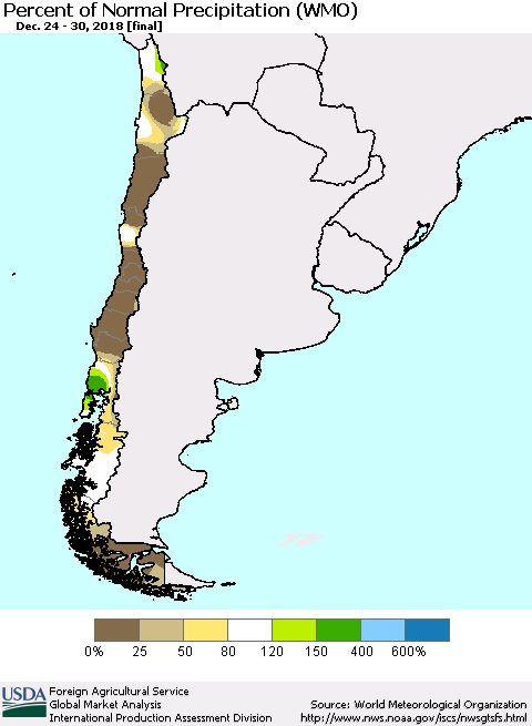 Chile Percent of Normal Precipitation (WMO) Thematic Map For 12/24/2018 - 12/30/2018