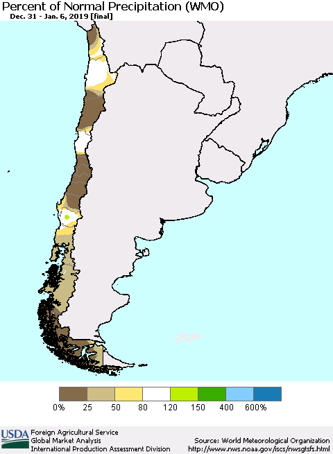 Chile Percent of Normal Precipitation (WMO) Thematic Map For 12/31/2018 - 1/6/2019