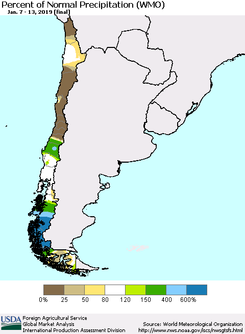 Chile Percent of Normal Precipitation (WMO) Thematic Map For 1/7/2019 - 1/13/2019