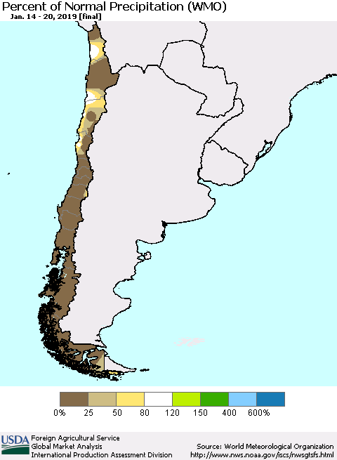 Chile Percent of Normal Precipitation (WMO) Thematic Map For 1/14/2019 - 1/20/2019