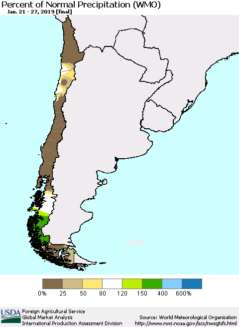 Chile Percent of Normal Precipitation (WMO) Thematic Map For 1/21/2019 - 1/27/2019