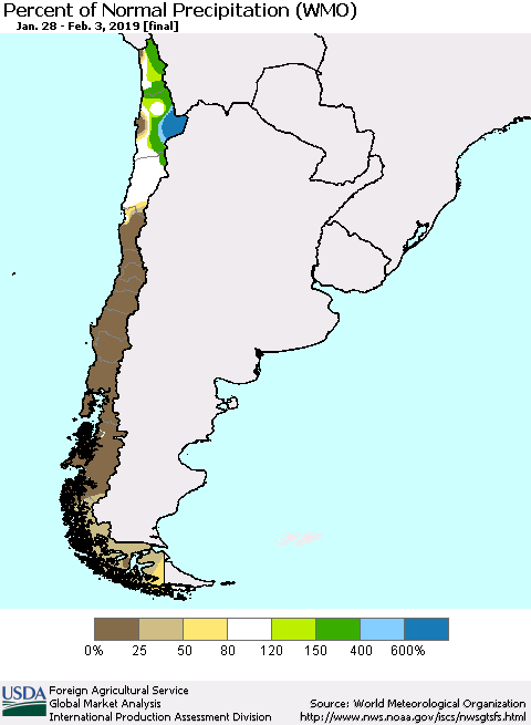 Chile Percent of Normal Precipitation (WMO) Thematic Map For 1/28/2019 - 2/3/2019