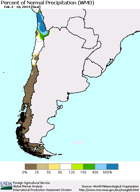 Chile Percent of Normal Precipitation (WMO) Thematic Map For 2/4/2019 - 2/10/2019