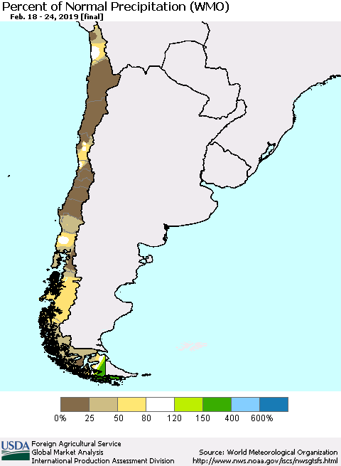 Chile Percent of Normal Precipitation (WMO) Thematic Map For 2/18/2019 - 2/24/2019