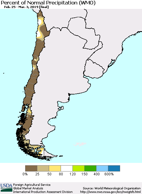 Chile Percent of Normal Precipitation (WMO) Thematic Map For 2/25/2019 - 3/3/2019
