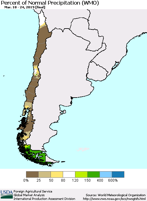 Chile Percent of Normal Precipitation (WMO) Thematic Map For 3/18/2019 - 3/24/2019