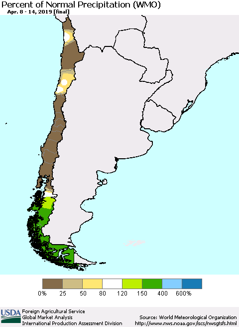 Chile Percent of Normal Precipitation (WMO) Thematic Map For 4/8/2019 - 4/14/2019