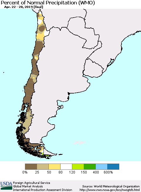 Chile Percent of Normal Precipitation (WMO) Thematic Map For 4/22/2019 - 4/28/2019