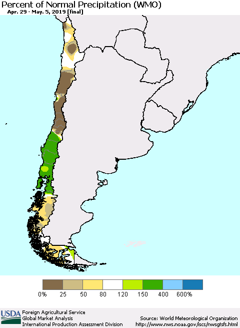 Chile Percent of Normal Precipitation (WMO) Thematic Map For 4/29/2019 - 5/5/2019