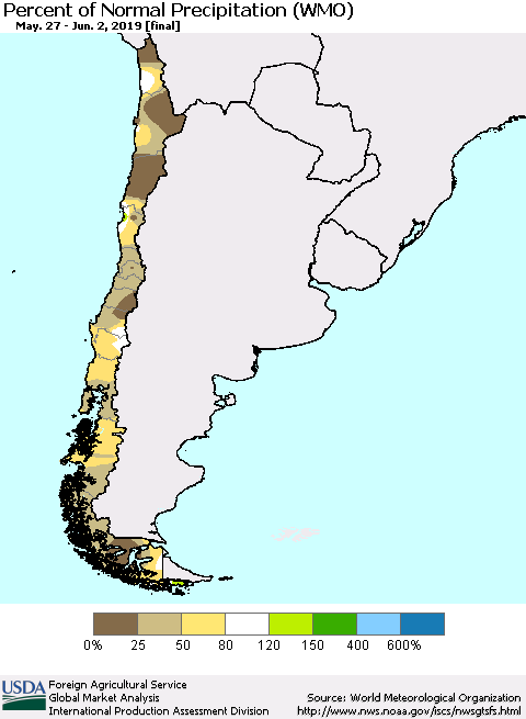 Chile Percent of Normal Precipitation (WMO) Thematic Map For 5/27/2019 - 6/2/2019