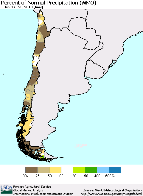 Chile Percent of Normal Precipitation (WMO) Thematic Map For 6/17/2019 - 6/23/2019