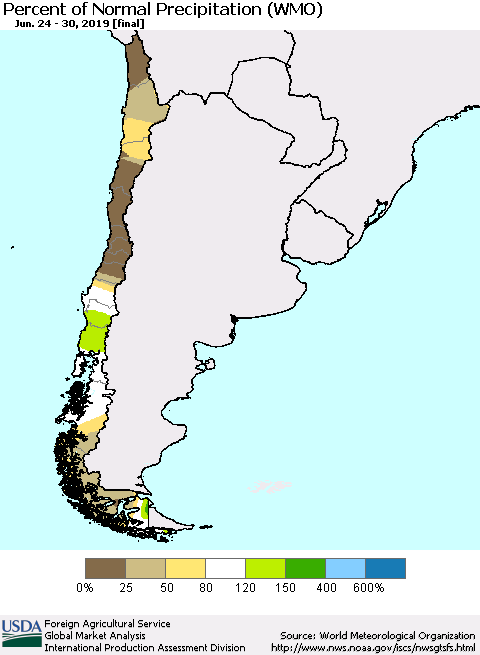 Chile Percent of Normal Precipitation (WMO) Thematic Map For 6/24/2019 - 6/30/2019